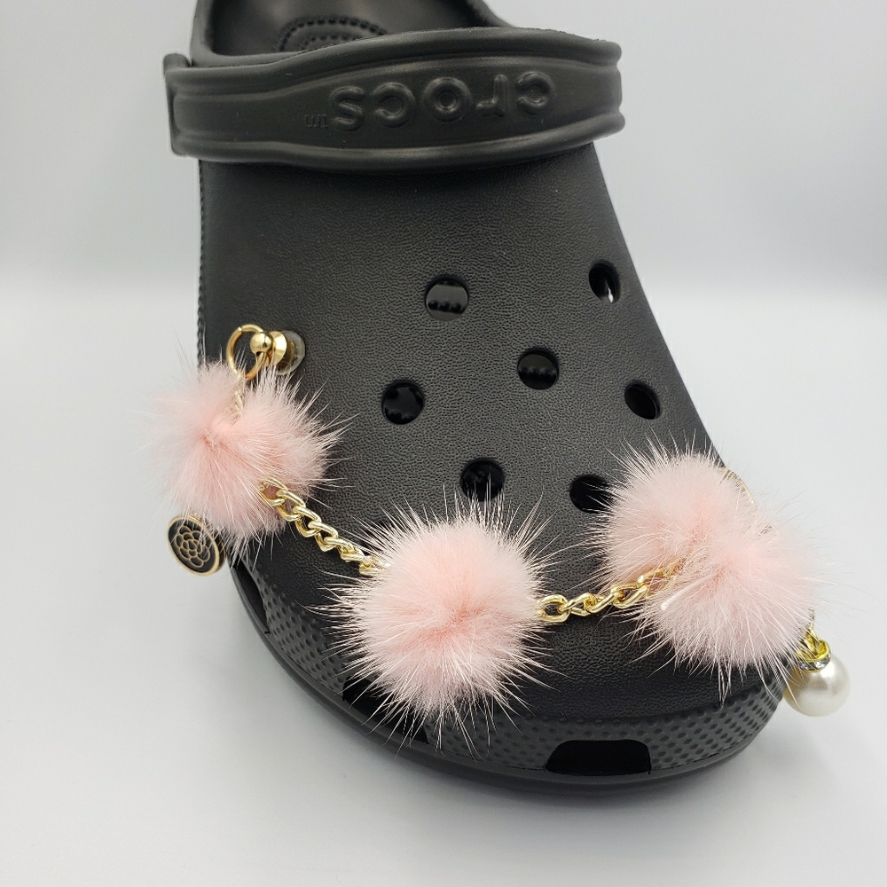 Pink Furry Faux Fur Pom Pom Ball Bling Shoe Chain
